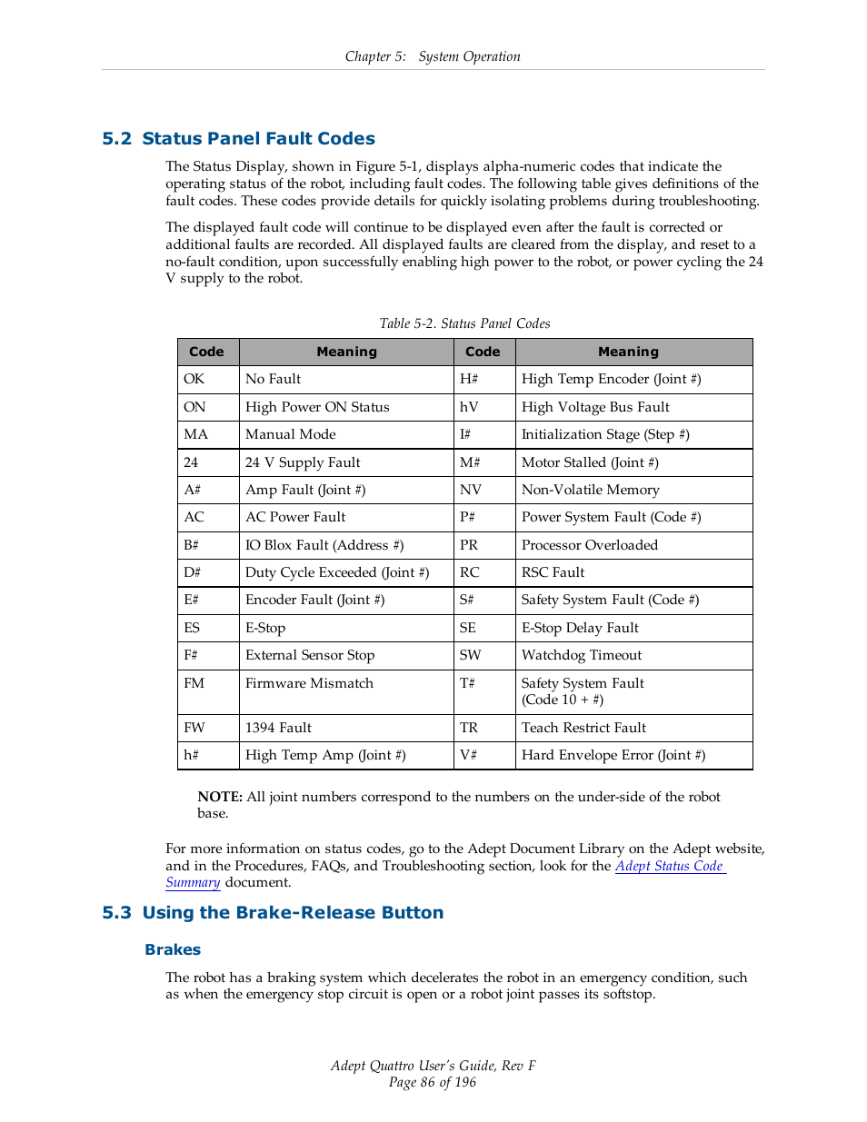 2 status panel fault codes, 3 using the brake-release button, Brakes | Adept s650HS Quattro User Manual | Page 86 / 196
