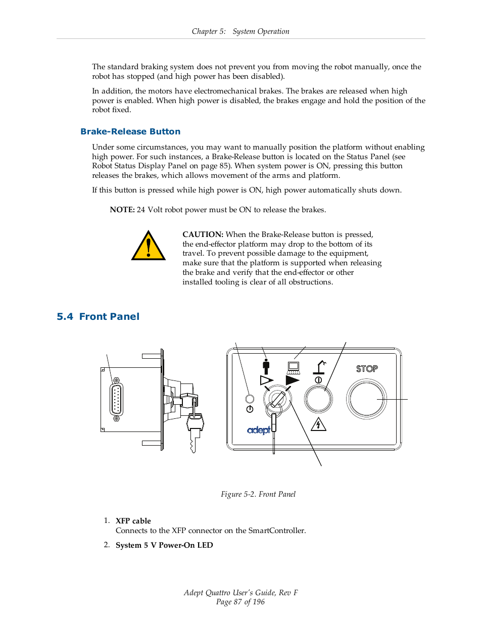 Brake-release button, 4 front panel | Adept s650HS Quattro User Manual | Page 87 / 196
