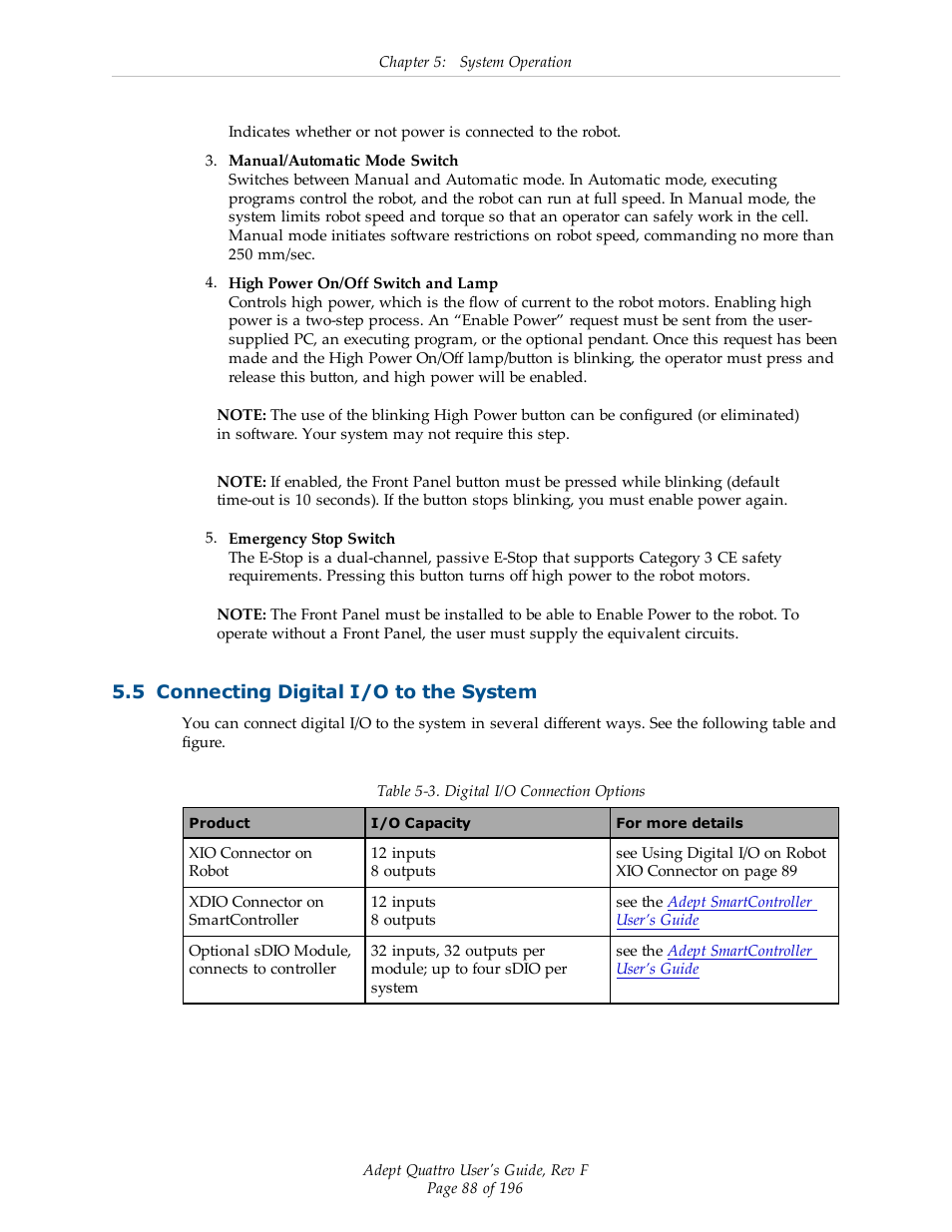 5 connecting digital i/o to the system | Adept s650HS Quattro User Manual | Page 88 / 196
