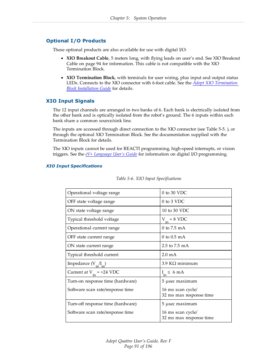Optional i/o products, Xio input signals | Adept s650HS Quattro User Manual | Page 91 / 196