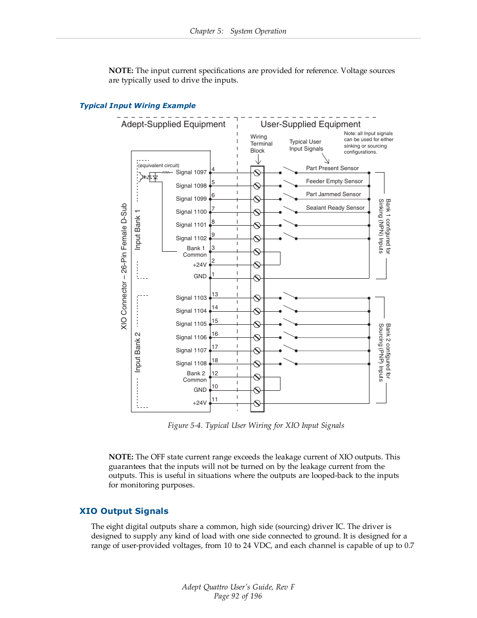 Xio output signals, Adept-supplied equipment user-supplied equipment | Adept s650HS Quattro User Manual | Page 92 / 196