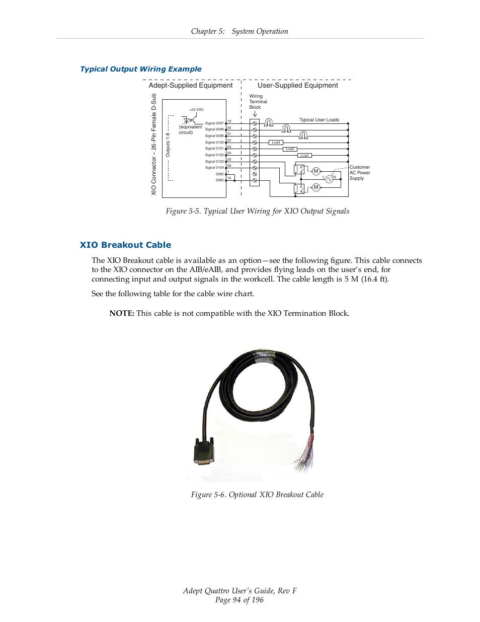 Xio breakout cable, Chapter 5: system operation, Typical output wiring example | Adept-supplied equipment user-supplied equipment | Adept s650HS Quattro User Manual | Page 94 / 196