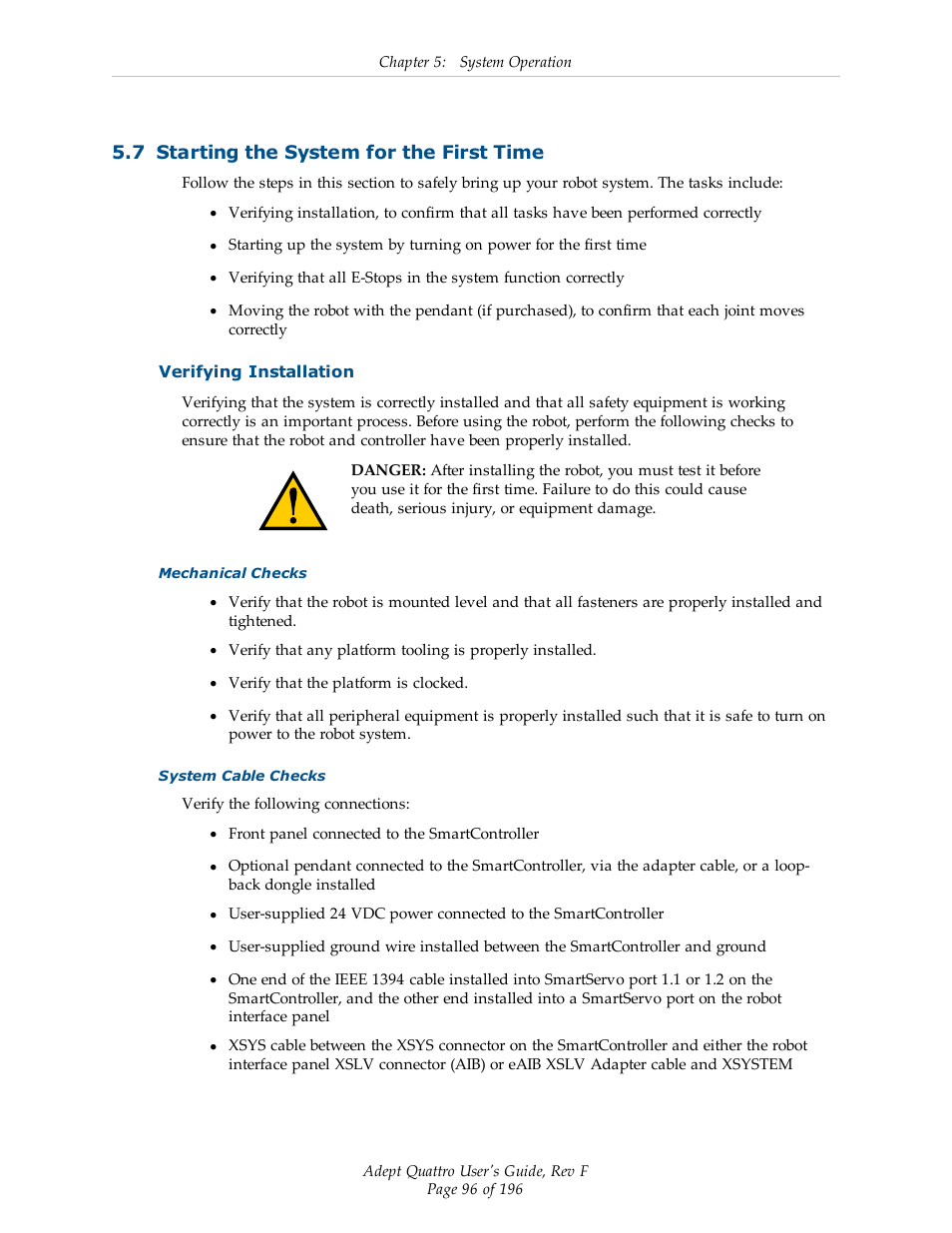 7 starting the system for the first time, Verifying installation | Adept s650HS Quattro User Manual | Page 96 / 196