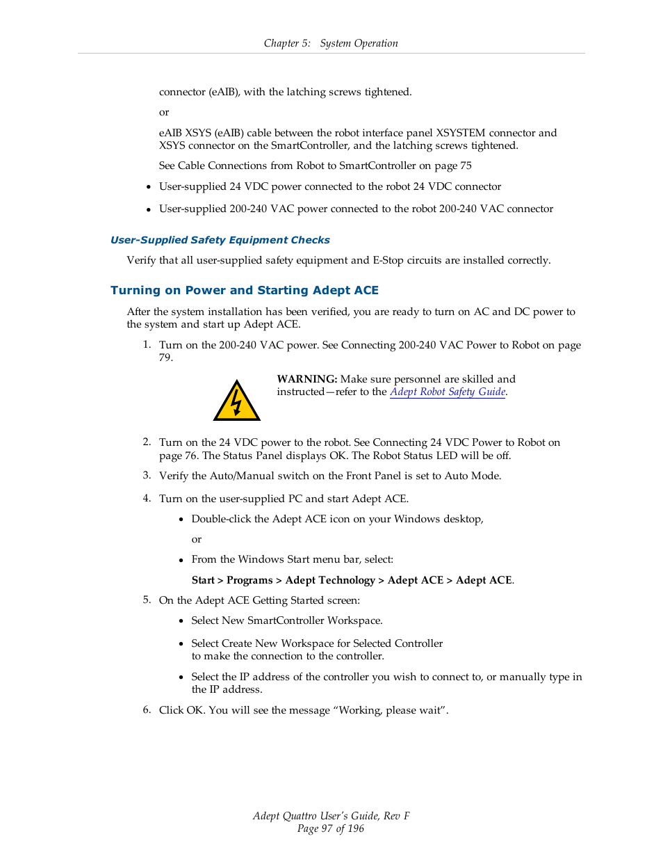 Turning on power and starting adept ace | Adept s650HS Quattro User Manual | Page 97 / 196