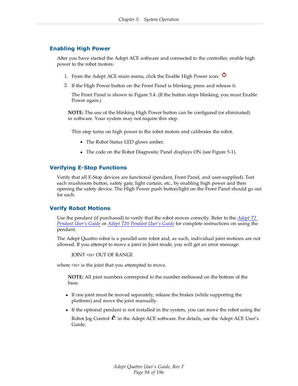 Enabling high power, Verifying e-stop functions, Verify robot motions | Adept s650HS Quattro User Manual | Page 98 / 196