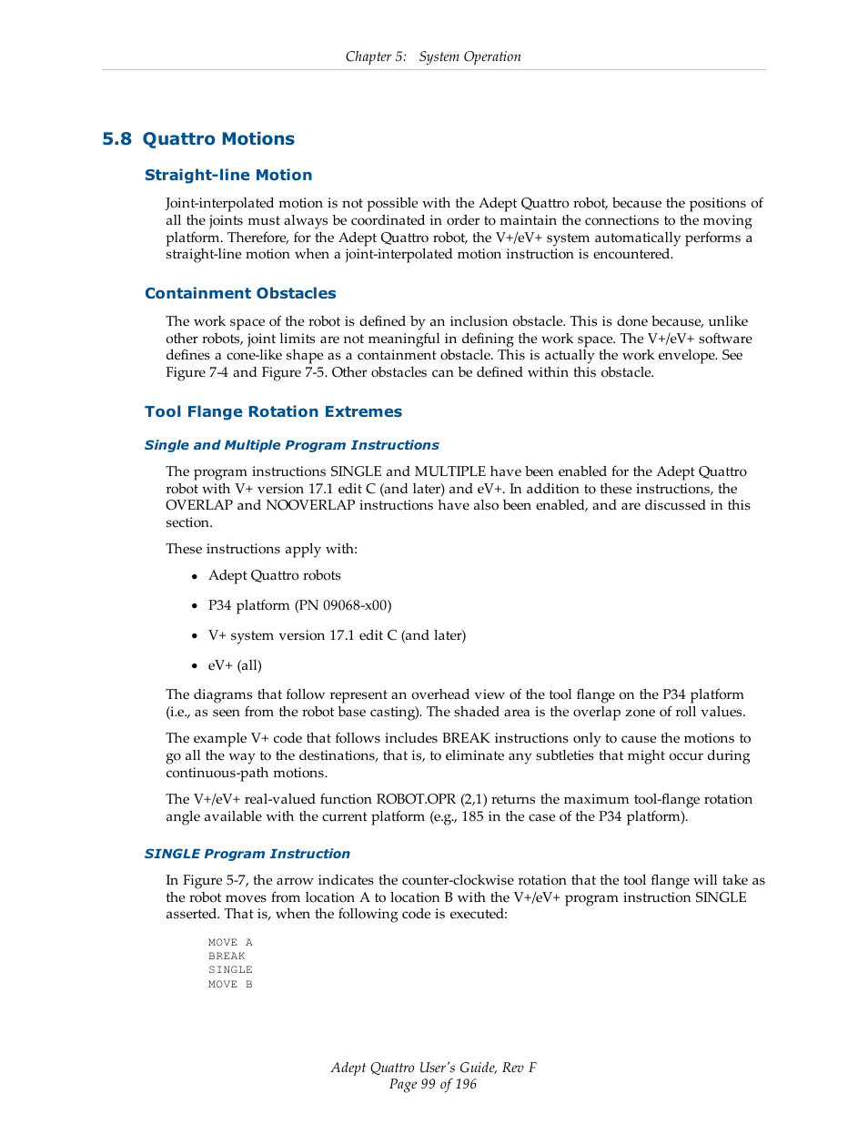 8 quattro motions, Straight-line motion, Containment obstacles | Tool flange rotation extremes | Adept s650HS Quattro User Manual | Page 99 / 196