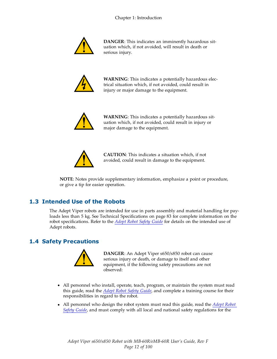 3 intended use of the robots, 4 safety precautions | Adept s650 Viper User Manual | Page 12 / 100