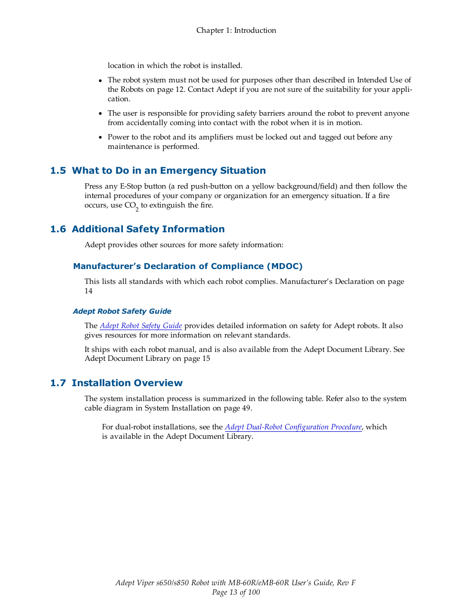 5 what to do in an emergency situation, 6 additional safety information, Manufacturer’s declaration of compliance (mdoc) | 7 installation overview | Adept s650 Viper User Manual | Page 13 / 100