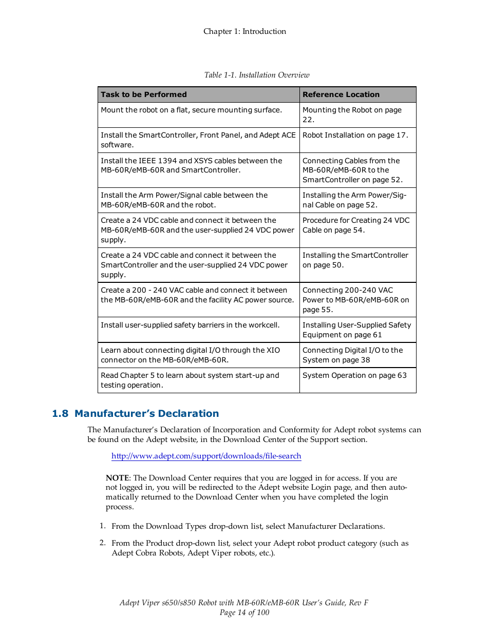 8 manufacturer’s declaration | Adept s650 Viper User Manual | Page 14 / 100