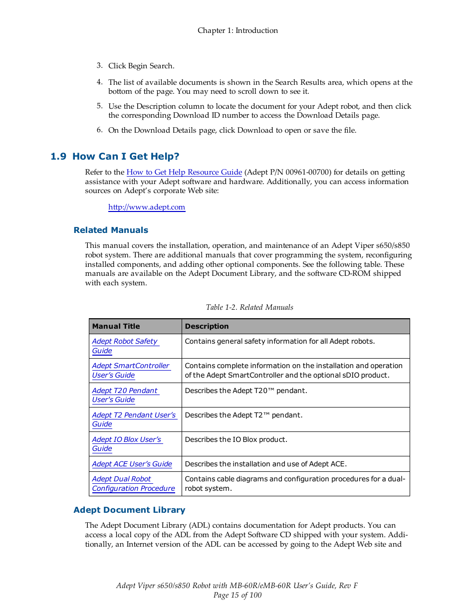 9 how can i get help, Related manuals, Adept document library | Adept s650 Viper User Manual | Page 15 / 100