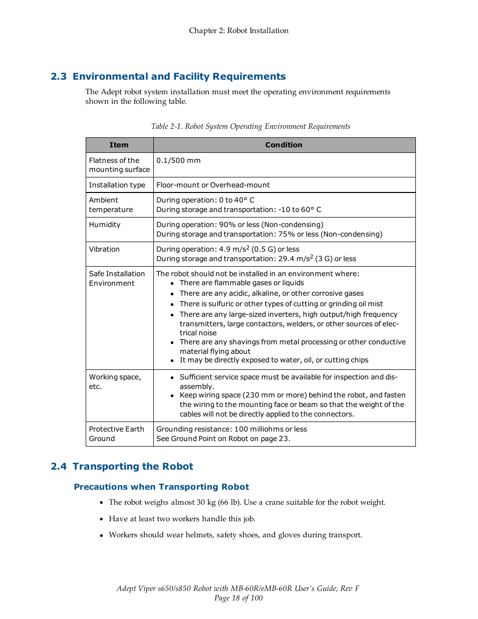 3 environmental and facility requirements, 4 transporting the robot, Precautions when transporting robot | Adept s650 Viper User Manual | Page 18 / 100