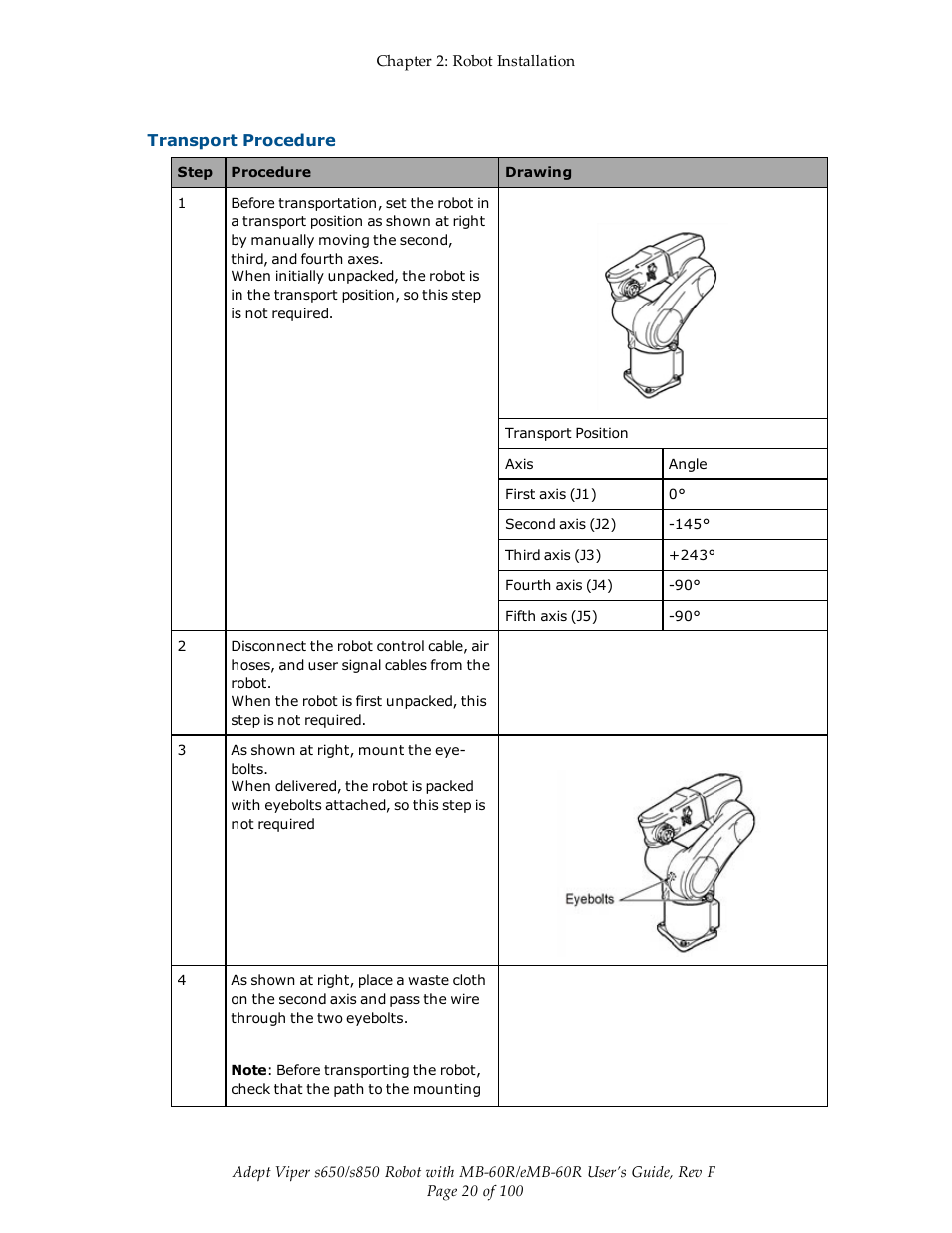 Transport procedure | Adept s650 Viper User Manual | Page 20 / 100