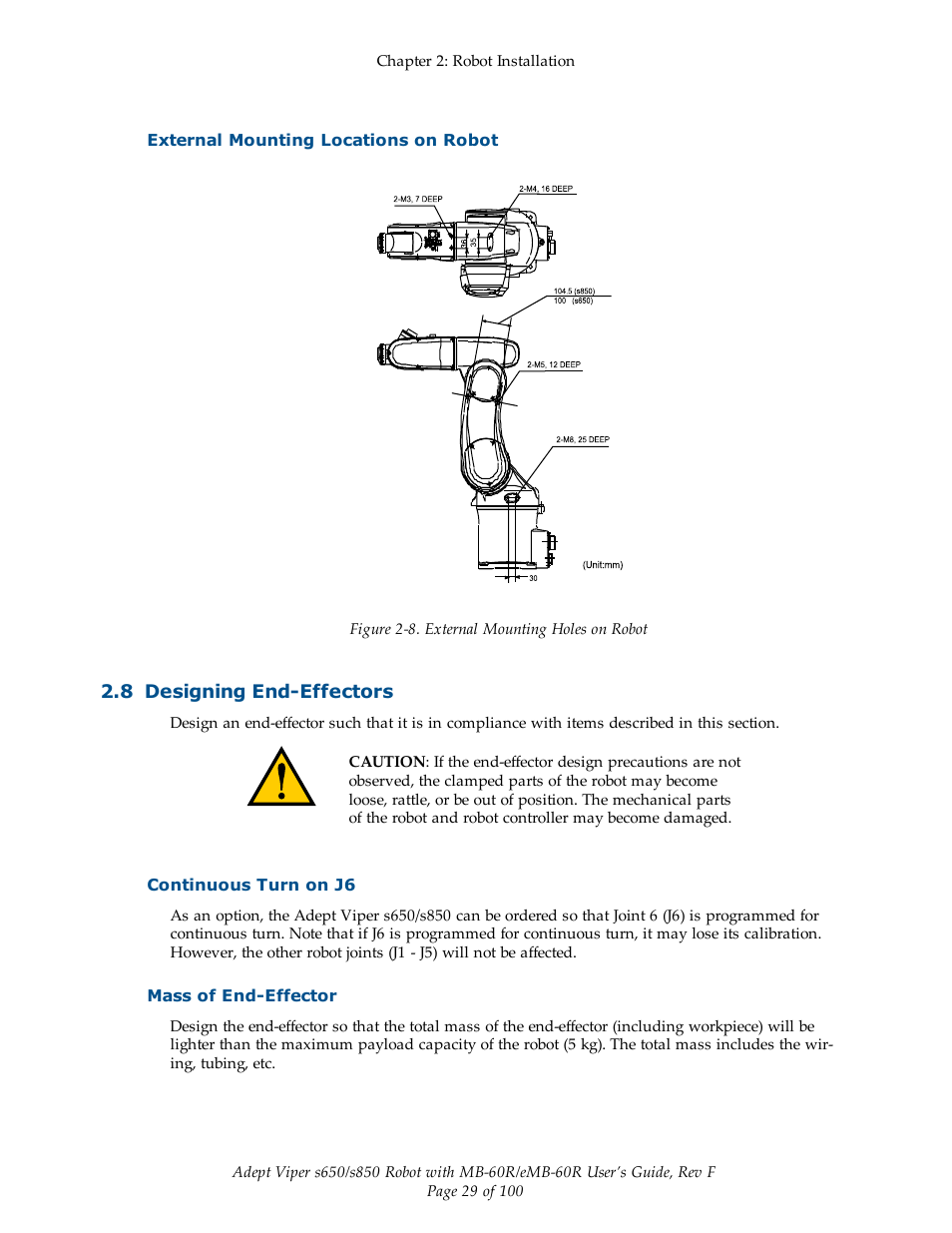 External mounting locations on robot, 8 designing end-effectors, Continuous turn on j6 | Mass of end-effector | Adept s650 Viper User Manual | Page 29 / 100