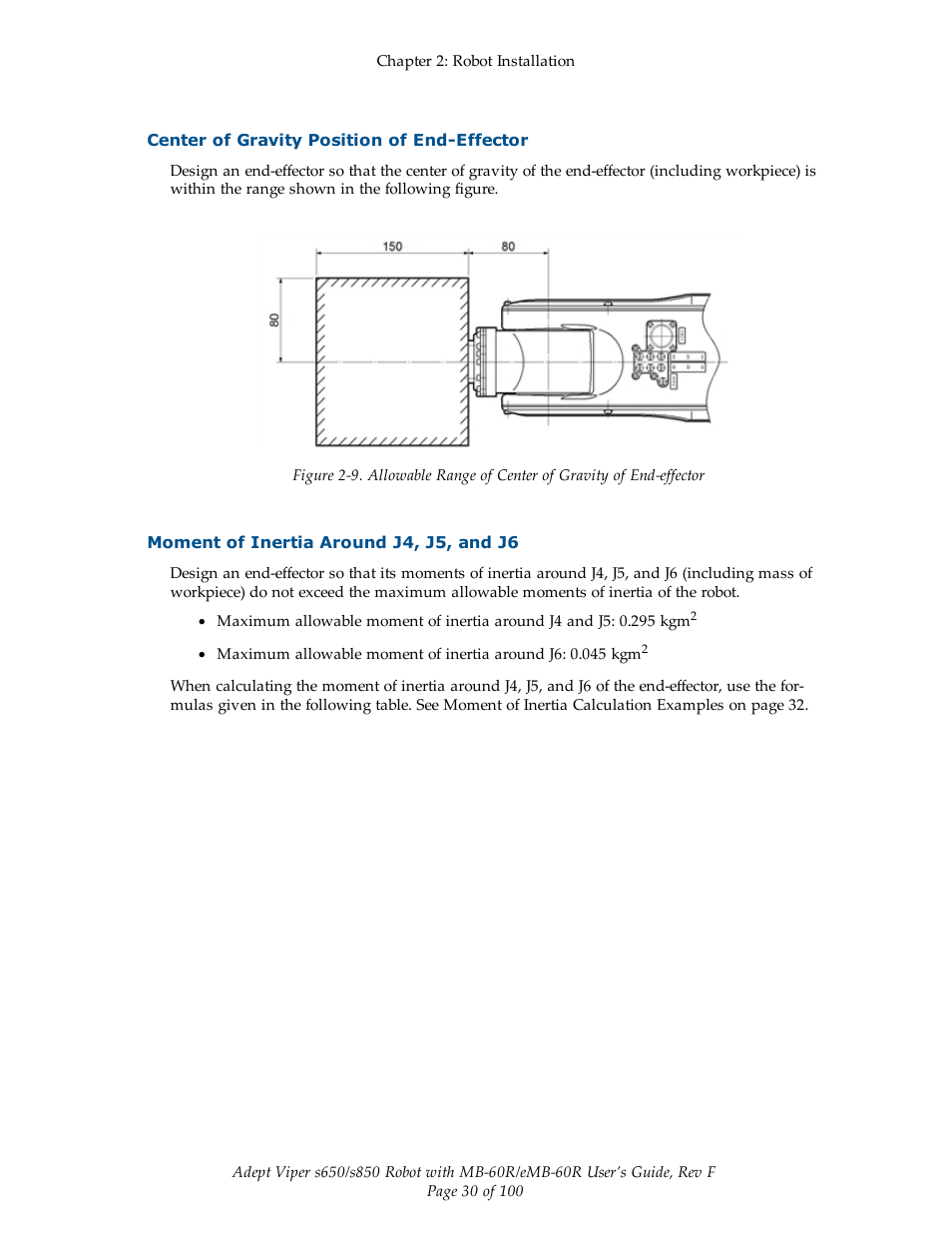 Center of gravity position of end-effector, Moment of inertia around j4, j5, and j6 | Adept s650 Viper User Manual | Page 30 / 100