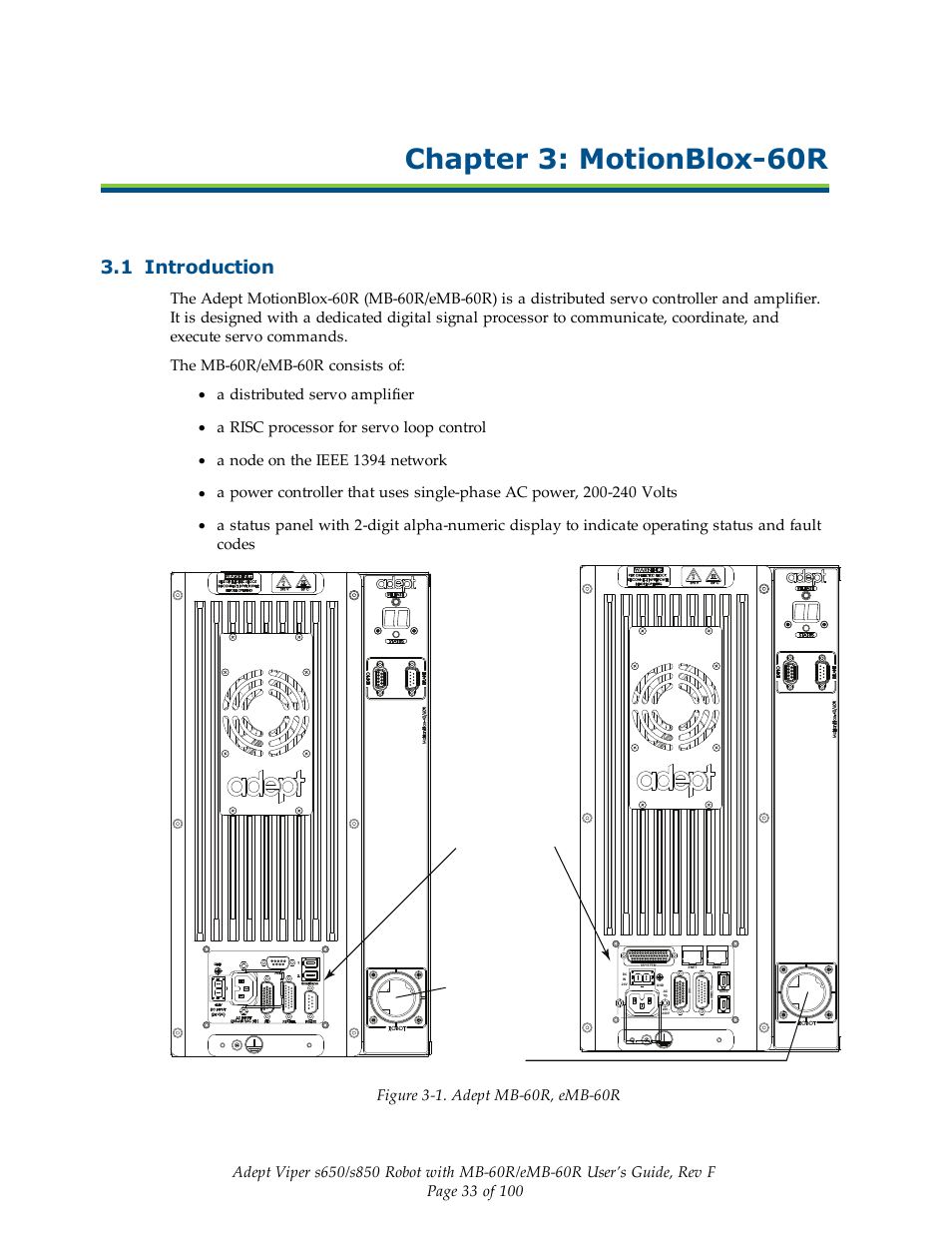 Chapter 3: motionblox-60r, 1 introduction, A distributed servo amplifier | A risc processor for servo loop control, A node on the ieee 1394 network | Adept s650 Viper User Manual | Page 33 / 100