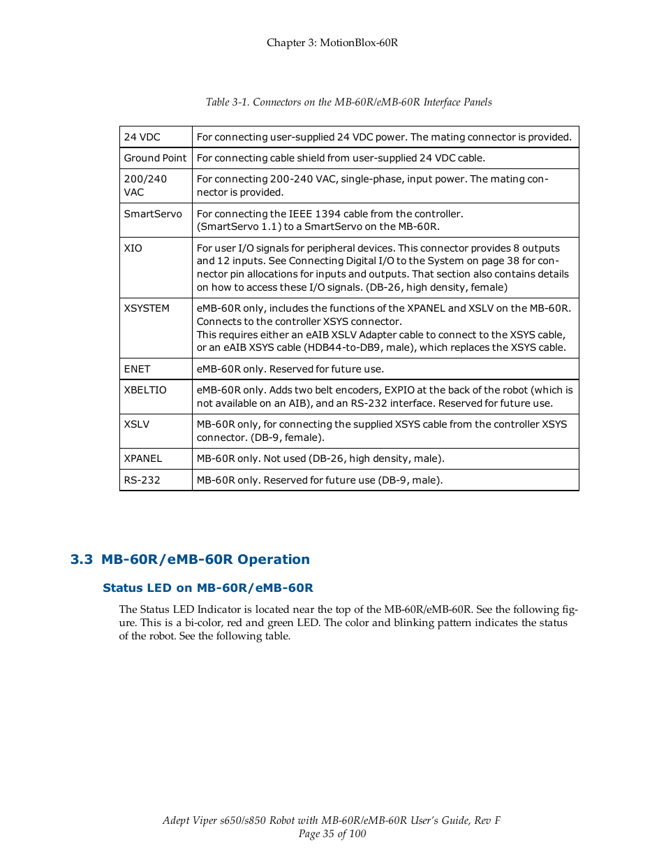 3 mb-60r/emb-60r operation, Status led on mb-60r/emb-60r | Adept s650 Viper User Manual | Page 35 / 100