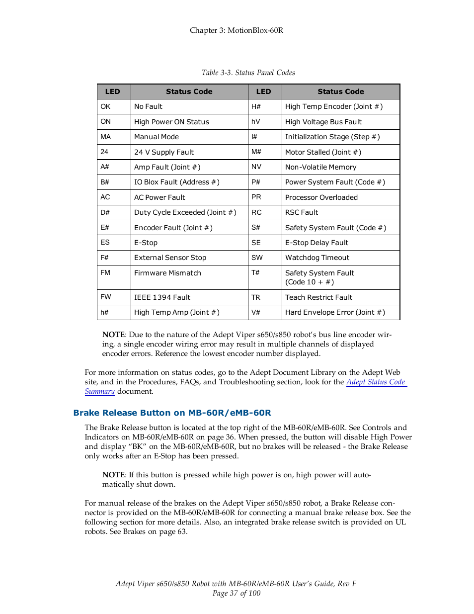 Brake release button on mb-60r/emb-60r | Adept s650 Viper User Manual | Page 37 / 100