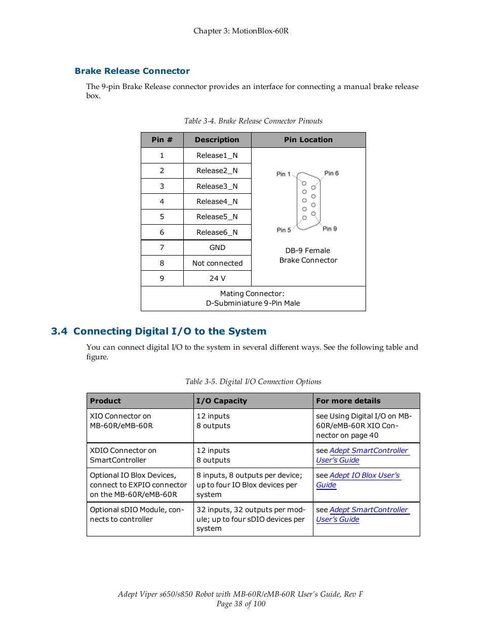 Brake release connector, 4 connecting digital i/o to the system | Adept s650 Viper User Manual | Page 38 / 100