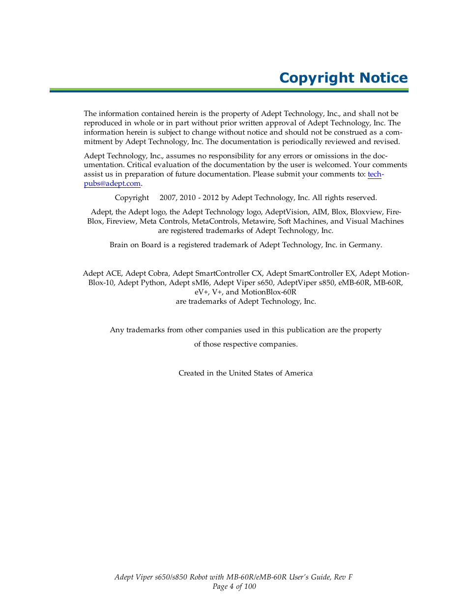 Copyright notice | Adept s650 Viper User Manual | Page 4 / 100