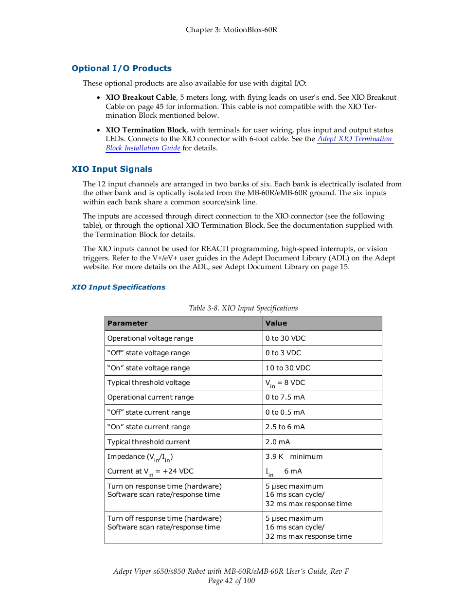 Optional i/o products, Xio input signals | Adept s650 Viper User Manual | Page 42 / 100