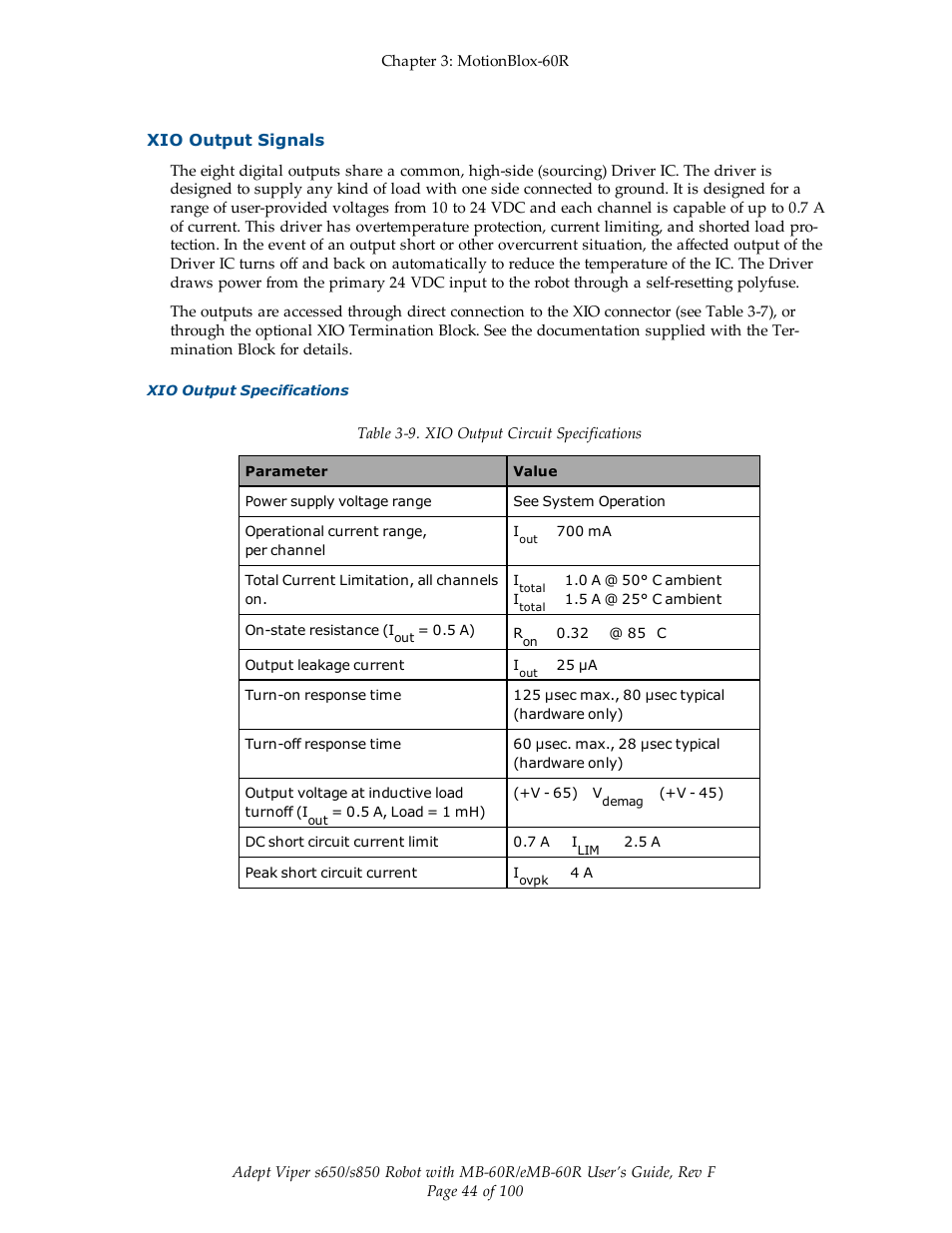 Xio output signals | Adept s650 Viper User Manual | Page 44 / 100