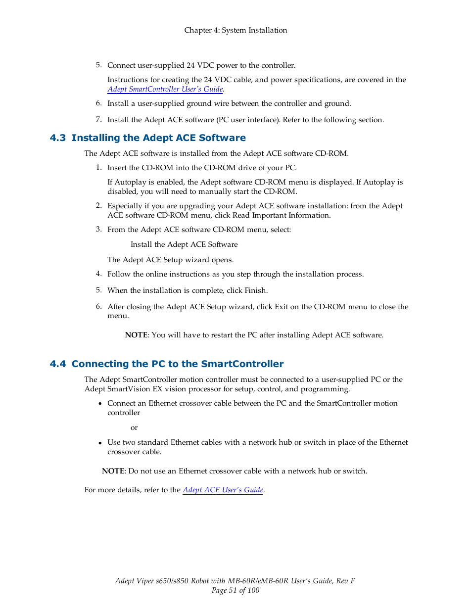 3 installing the adept ace software, 4 connecting the pc to the smartcontroller | Adept s650 Viper User Manual | Page 51 / 100