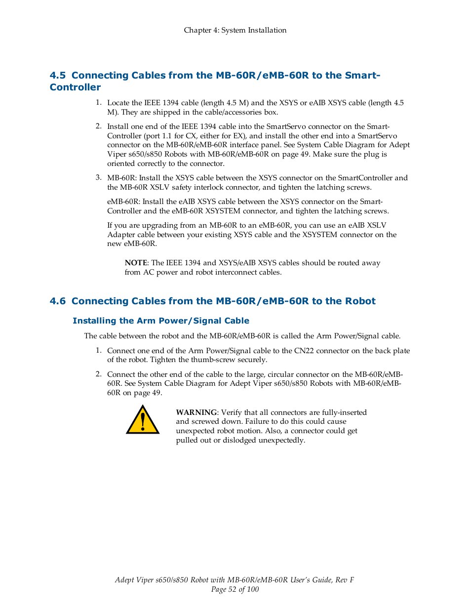 Installing the arm power/signal cable | Adept s650 Viper User Manual | Page 52 / 100