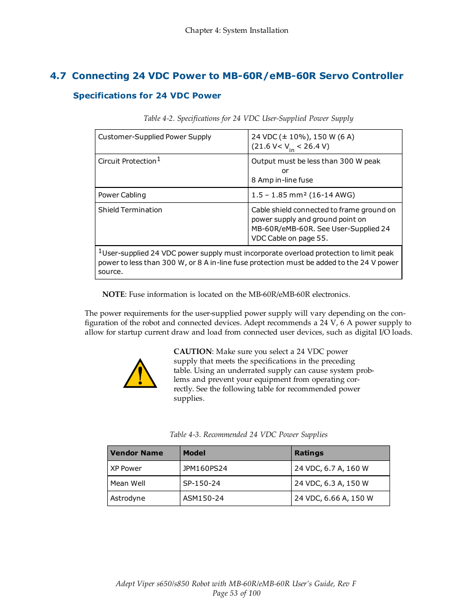 Specifications for 24 vdc power | Adept s650 Viper User Manual | Page 53 / 100