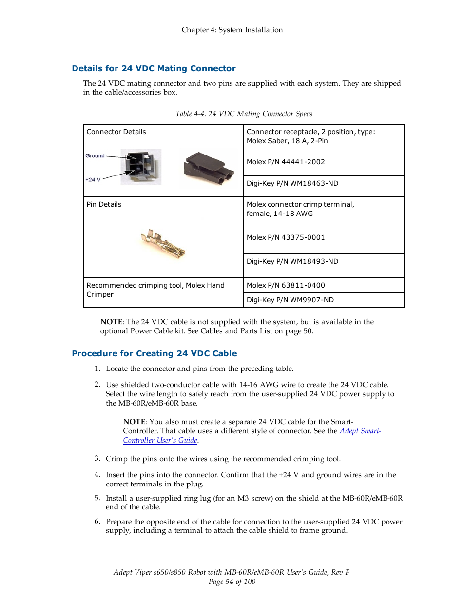 Details for 24 vdc mating connector, Procedure for creating 24 vdc cable | Adept s650 Viper User Manual | Page 54 / 100