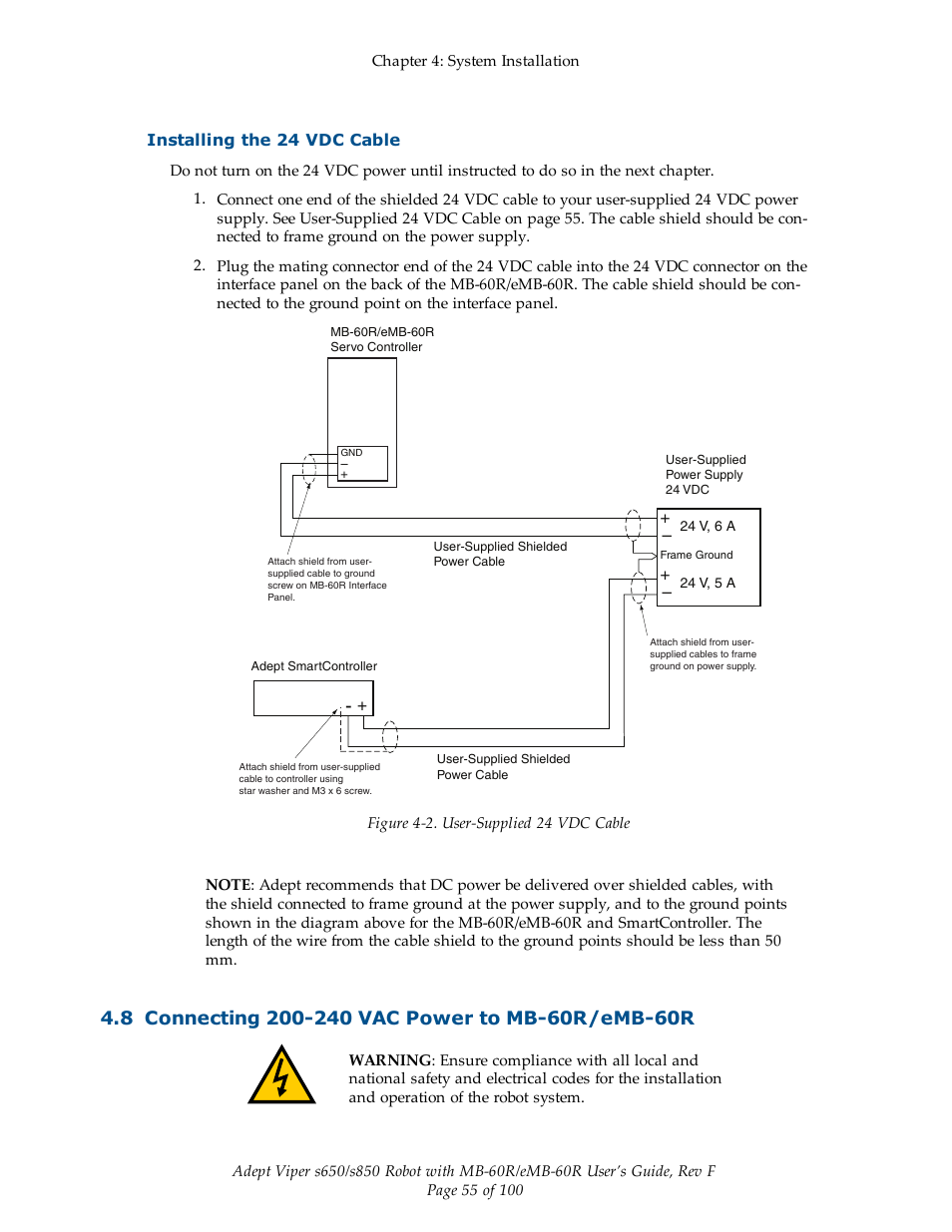 Installing the 24 vdc cable, 8 connecting 200-240 vac power to mb-60r/emb-60r | Adept s650 Viper User Manual | Page 55 / 100