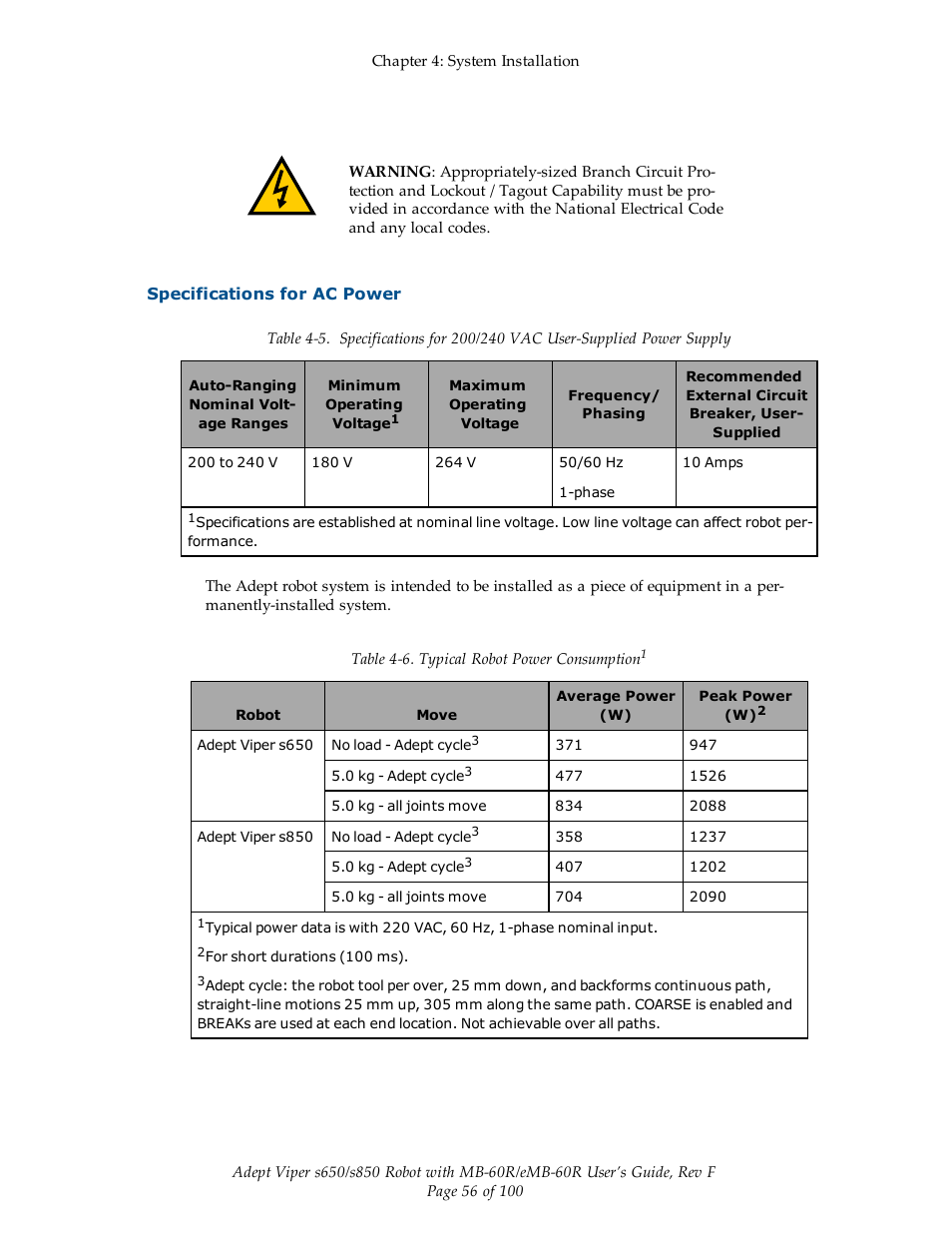 Specifications for ac power | Adept s650 Viper User Manual | Page 56 / 100