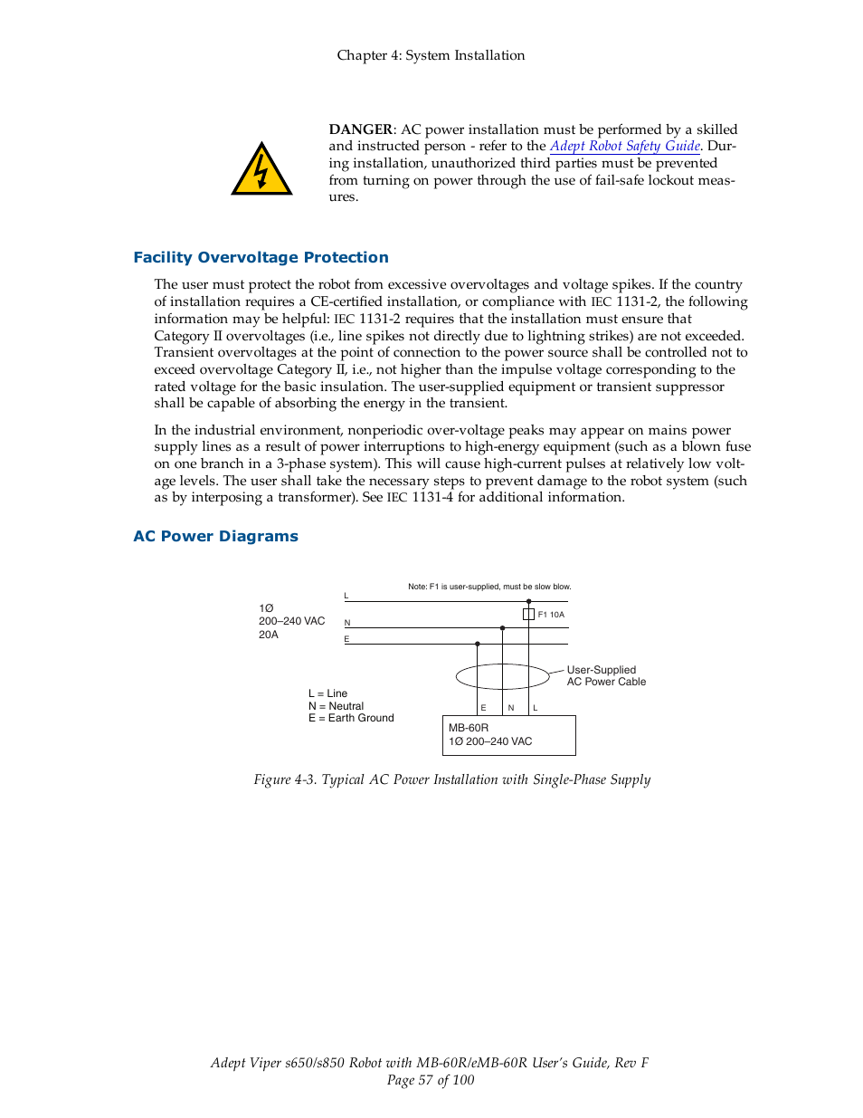 Facility overvoltage protection, Ac power diagrams | Adept s650 Viper User Manual | Page 57 / 100