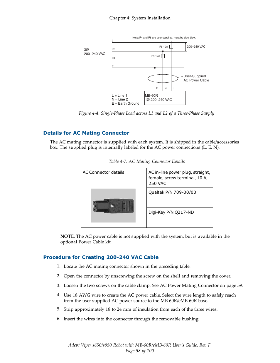 Details for ac mating connector, Procedure for creating 200-240 vac cable | Adept s650 Viper User Manual | Page 58 / 100