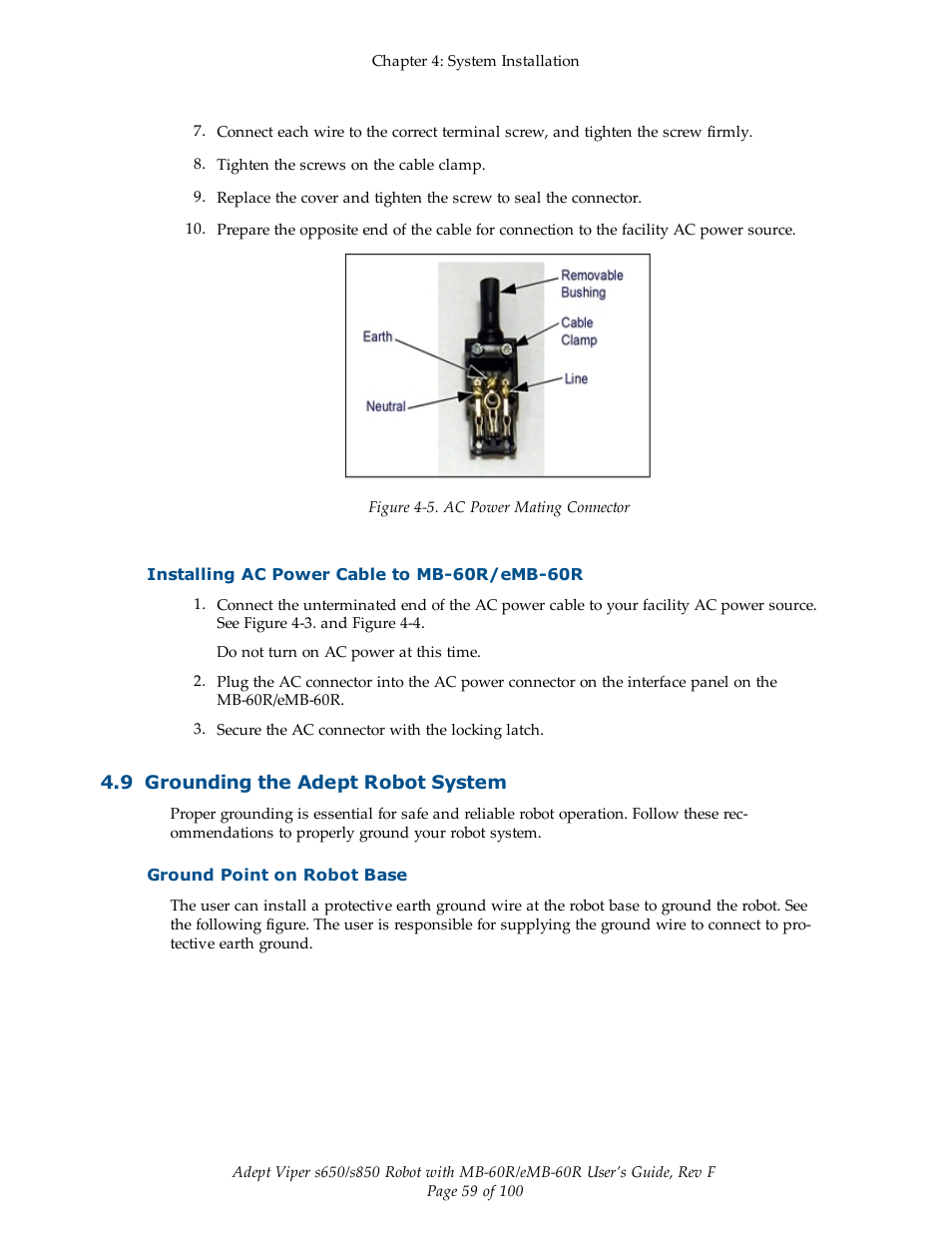 Installing ac power cable to mb-60r/emb-60r, 9 grounding the adept robot system, Ground point on robot base | Adept s650 Viper User Manual | Page 59 / 100