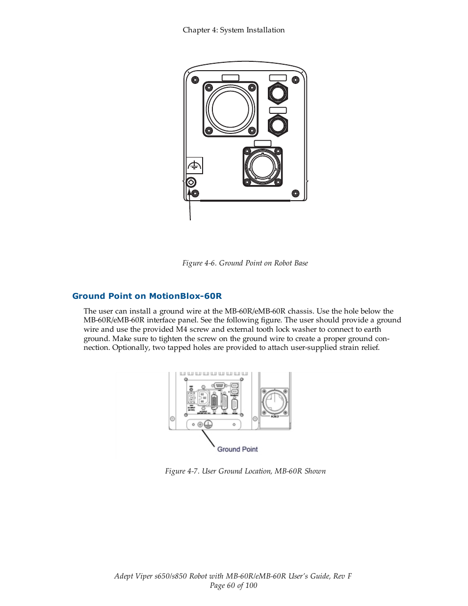 Ground point on motionblox-60r, Grounding terminal (m5) | Adept s650 Viper User Manual | Page 60 / 100