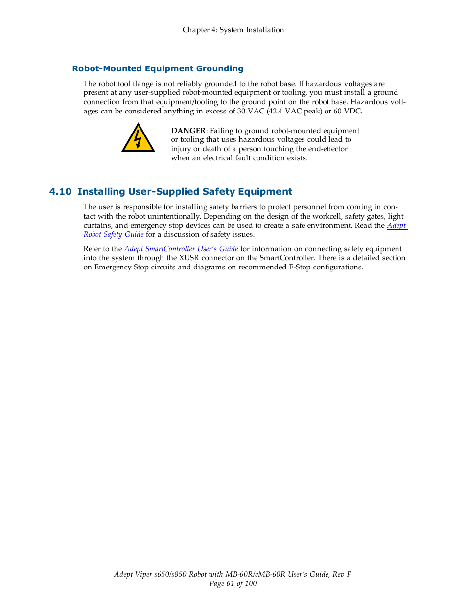 Robot-mounted equipment grounding, 10 installing user-supplied safety equipment | Adept s650 Viper User Manual | Page 61 / 100