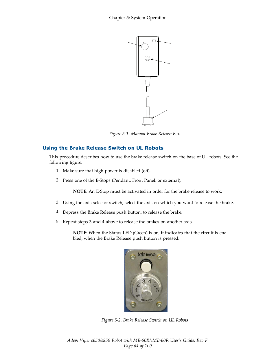 Using the brake release switch on ul robots | Adept s650 Viper User Manual | Page 64 / 100