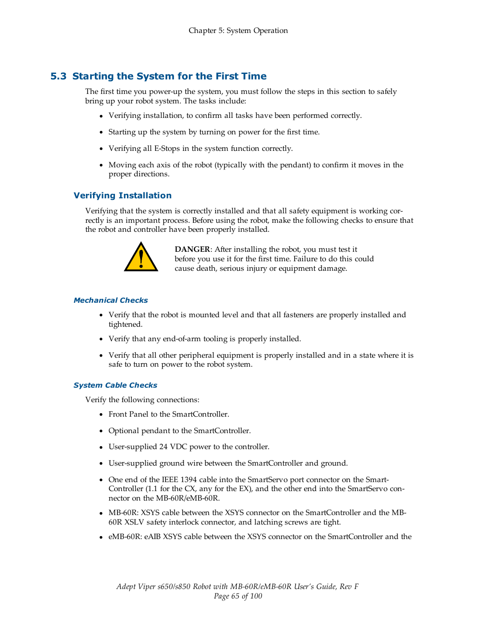 3 starting the system for the first time, Verifying installation | Adept s650 Viper User Manual | Page 65 / 100