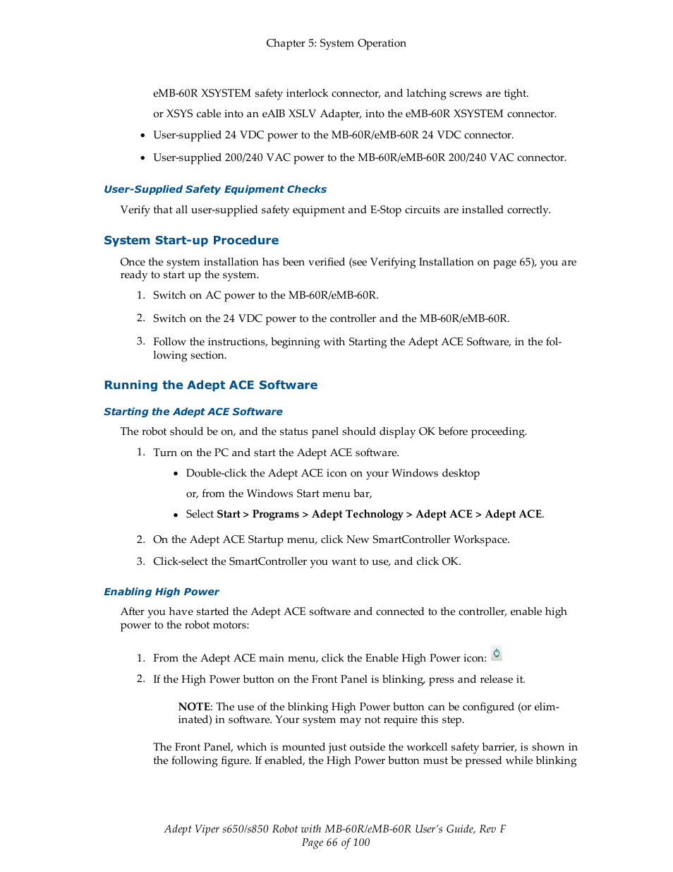 System start-up procedure, Running the adept ace software | Adept s650 Viper User Manual | Page 66 / 100