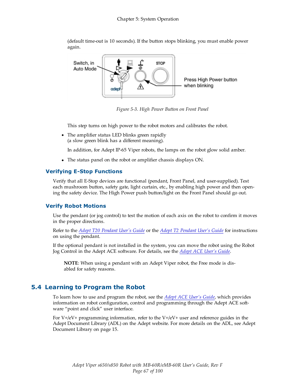 Verifying e-stop functions, Verify robot motions, 4 learning to program the robot | Adept s650 Viper User Manual | Page 67 / 100