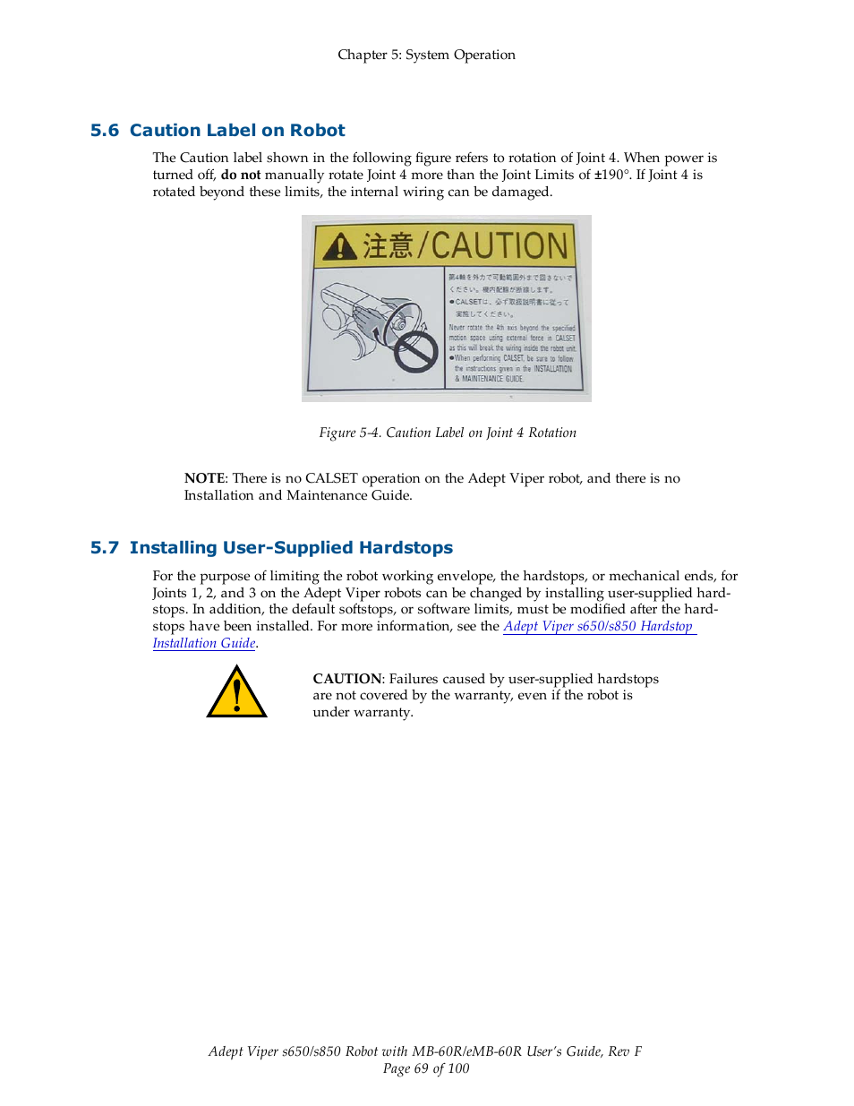 6 caution label on robot, 7 installing user-supplied hardstops | Adept s650 Viper User Manual | Page 69 / 100