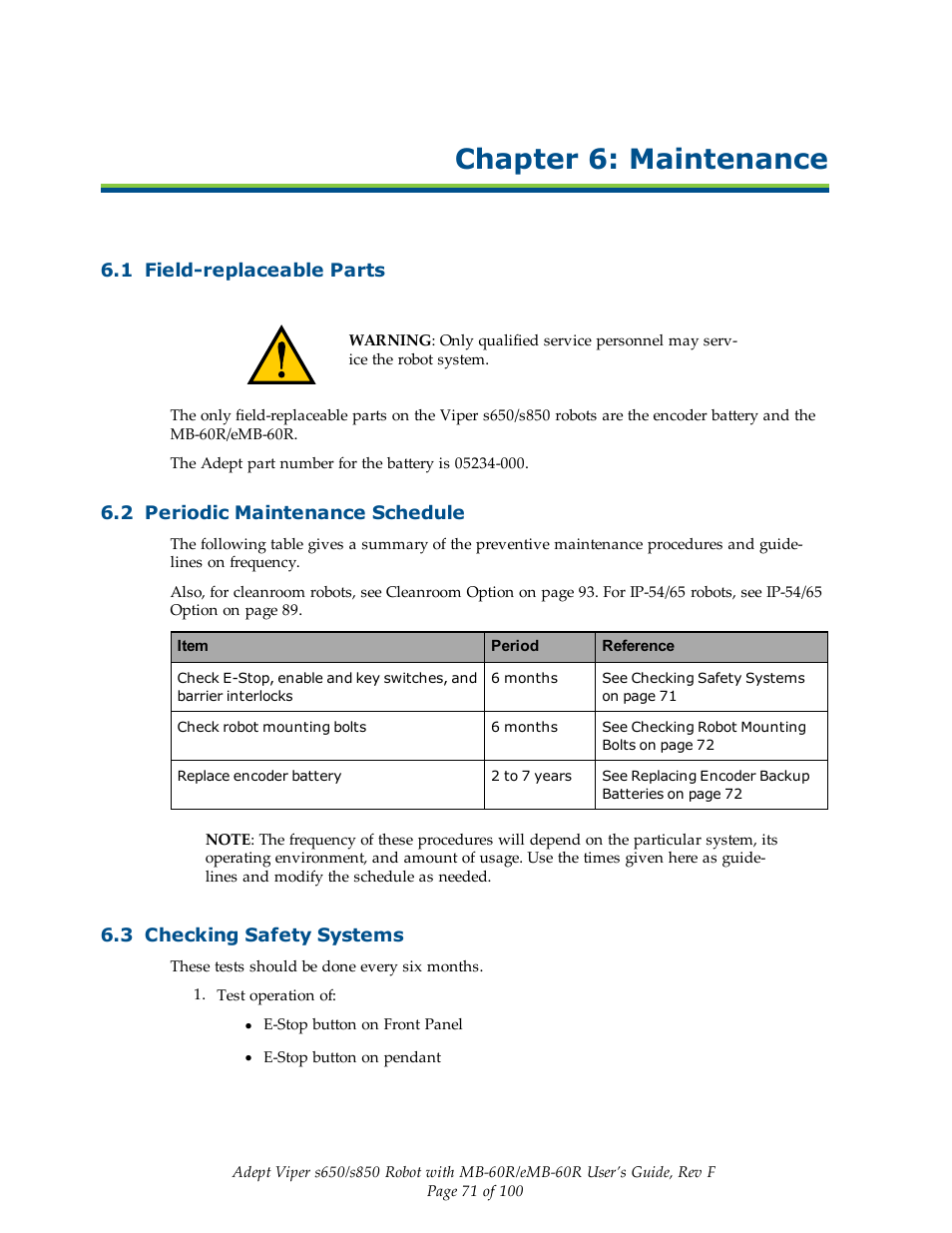 Chapter 6: maintenance, 1 field-replaceable parts, 2 periodic maintenance schedule | 3 checking safety systems | Adept s650 Viper User Manual | Page 71 / 100