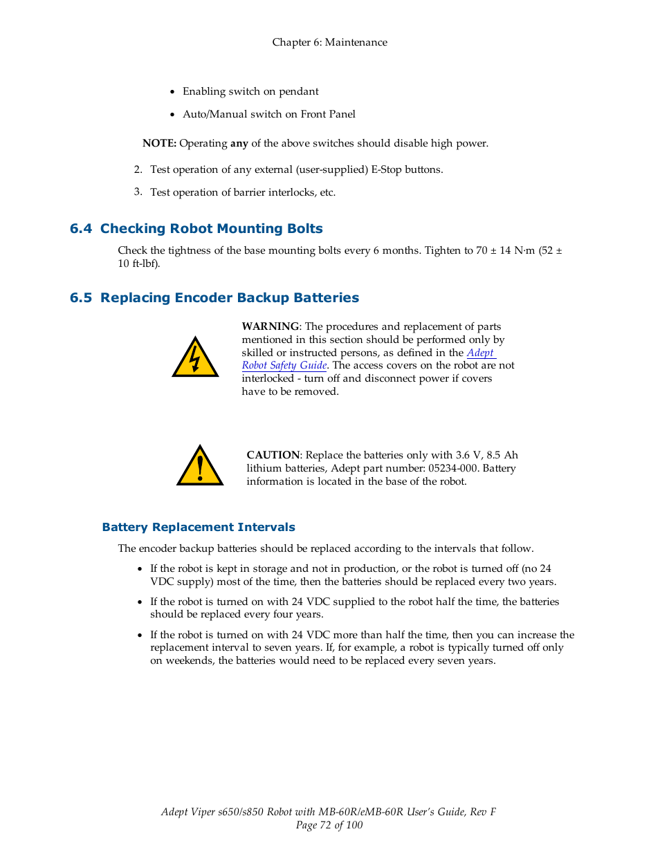 4 checking robot mounting bolts, 5 replacing encoder backup batteries, Battery replacement intervals | Adept s650 Viper User Manual | Page 72 / 100