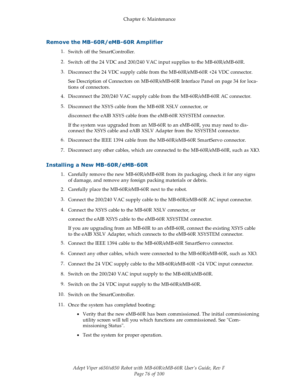 Remove the mb-60r/emb-60r amplifier, Installing a new mb-60r/emb-60r | Adept s650 Viper User Manual | Page 76 / 100