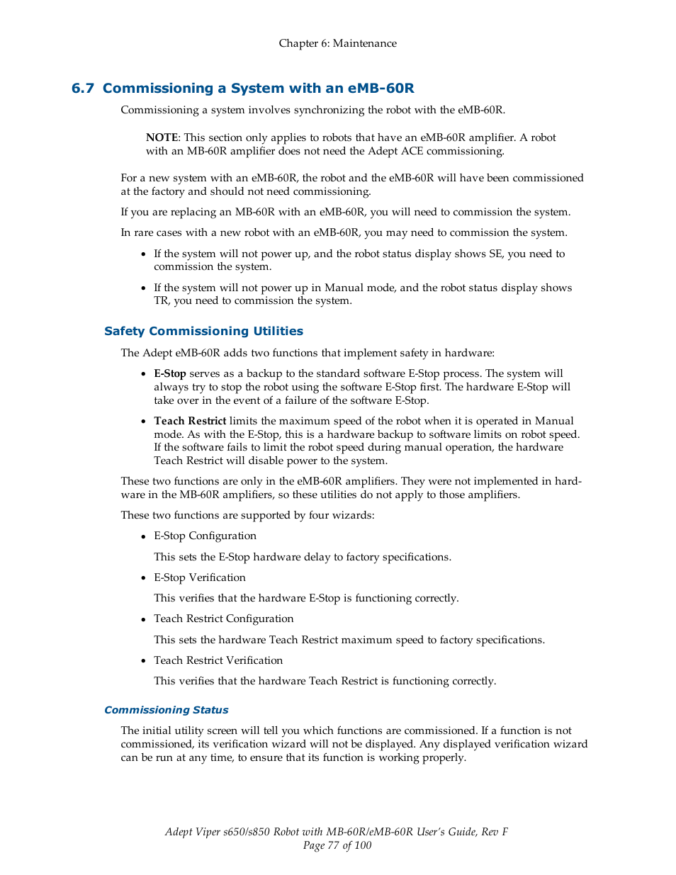 7 commissioning a system with an emb-60r, Safety commissioning utilities | Adept s650 Viper User Manual | Page 77 / 100