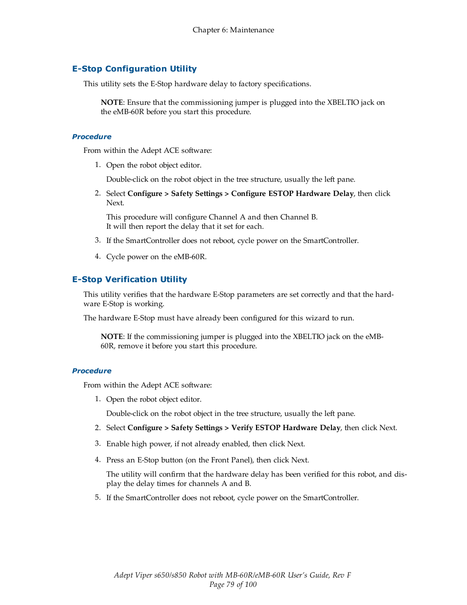 E-stop configuration utility, E-stop verification utility | Adept s650 Viper User Manual | Page 79 / 100