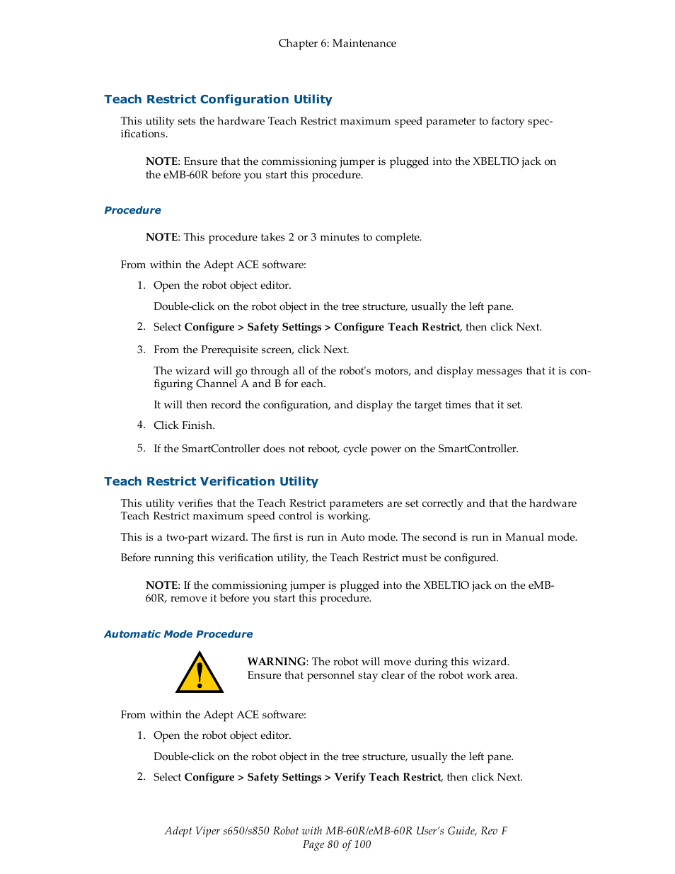 Teach restrict configuration utility, Teach restrict verification utility | Adept s650 Viper User Manual | Page 80 / 100