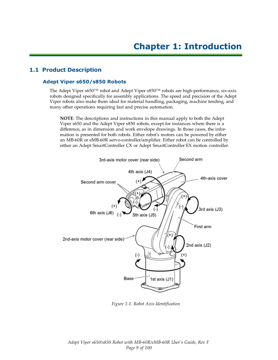 Chapter 1: introduction, 1 product description, Adept viper s650/s850 robots | Adept s650 Viper User Manual | Page 9 / 100