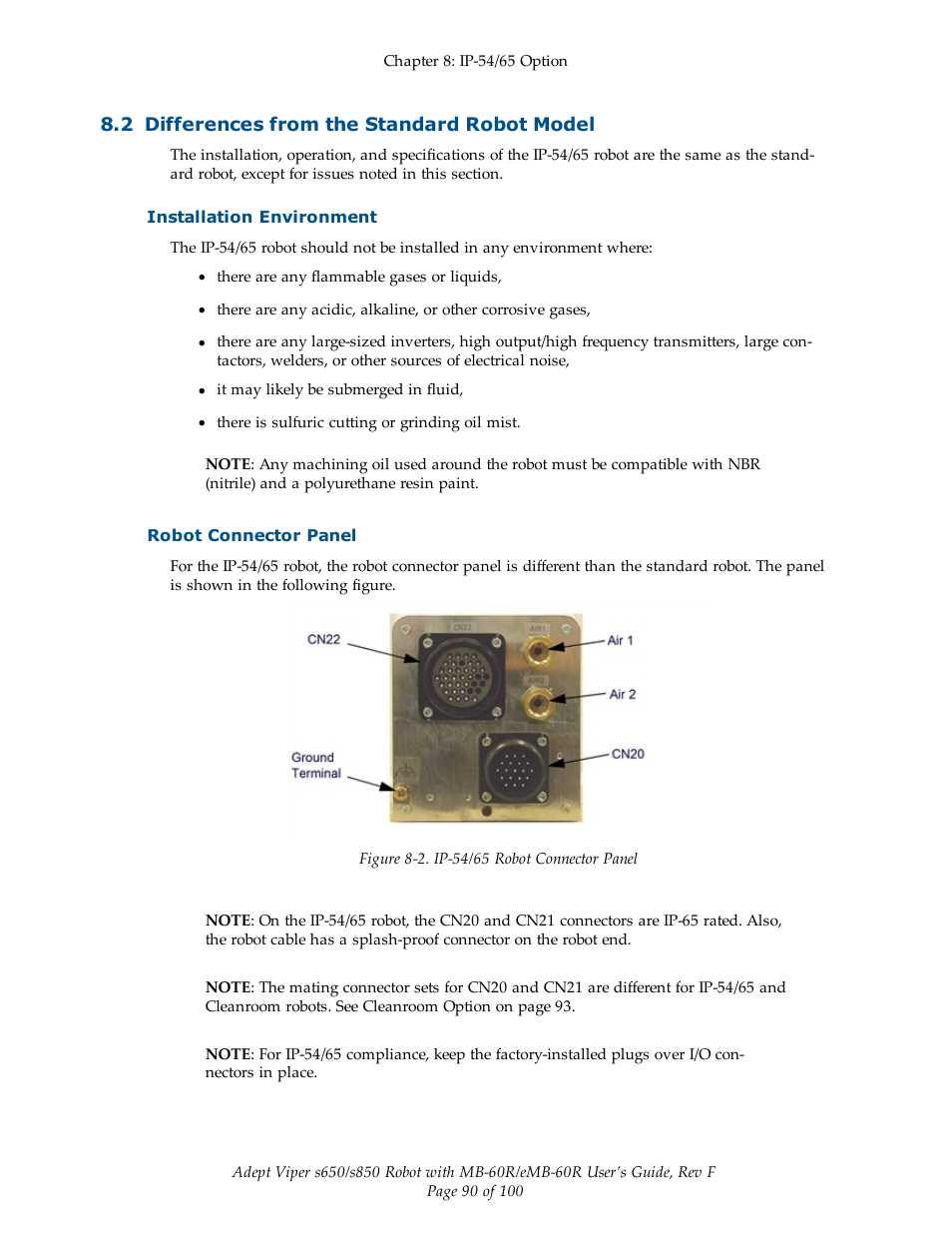 2 differences from the standard robot model, Installation environment, Robot connector panel | Adept s650 Viper User Manual | Page 90 / 100