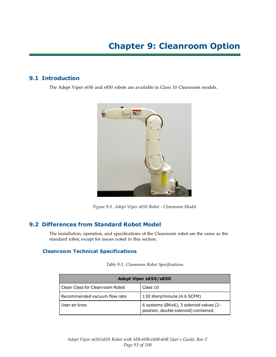 Chapter 9: cleanroom option, 1 introduction, 2 differences from standard robot model | Cleanroom technical specifications | Adept s650 Viper User Manual | Page 93 / 100